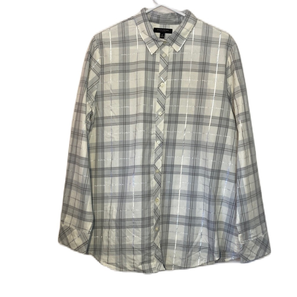 Banana Republic Dillon Shirt Grey White Silver Plaid Button Down Shirt Size XL